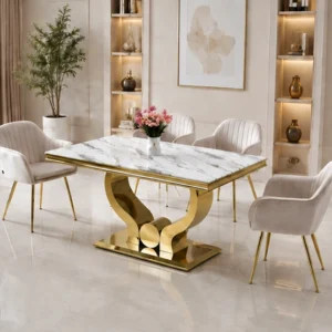 Ensemble Table à Manger avec 4 ou 6 Chaises – Effet Marbre et Pieds Dorés - Ensemble Table à Manger Moderne avec Chaises Rembourrées