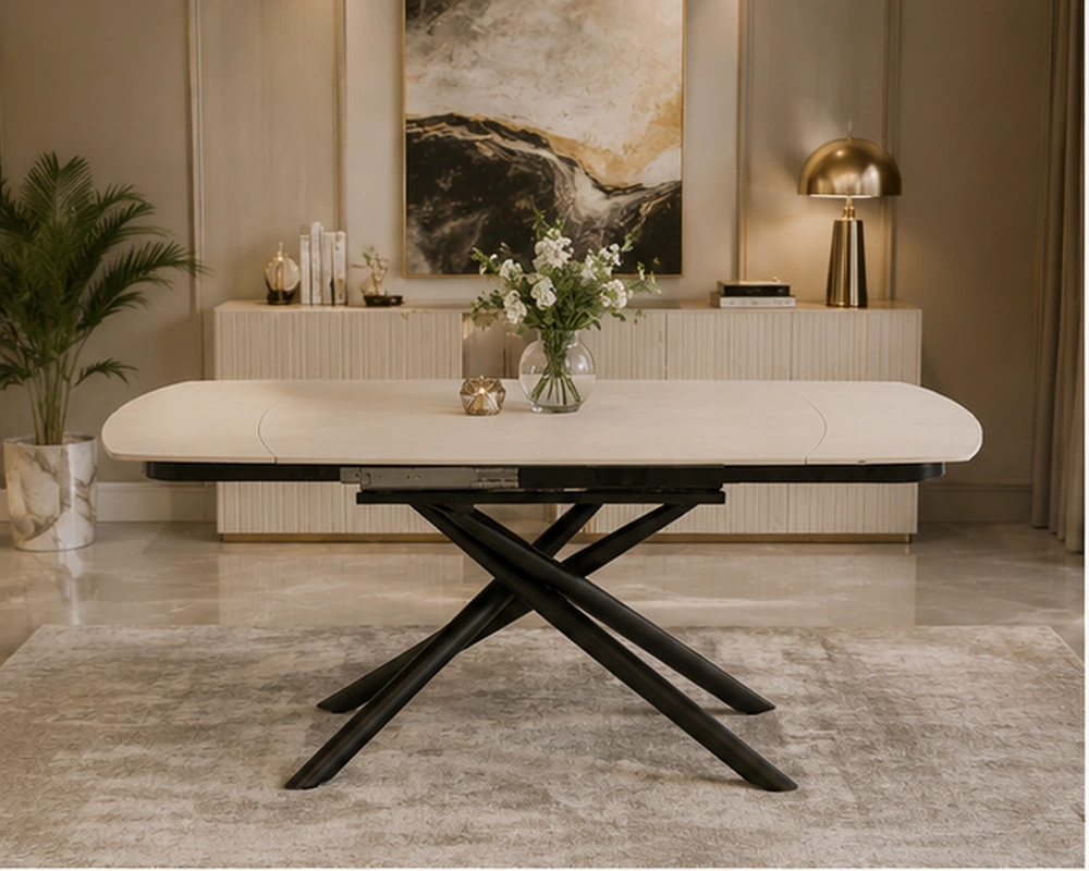 Table à Manger Extensible Effet Marbre Crème – Pieds Croisés en Métal Noir - Plateau Crème et Structure Croisée Noire