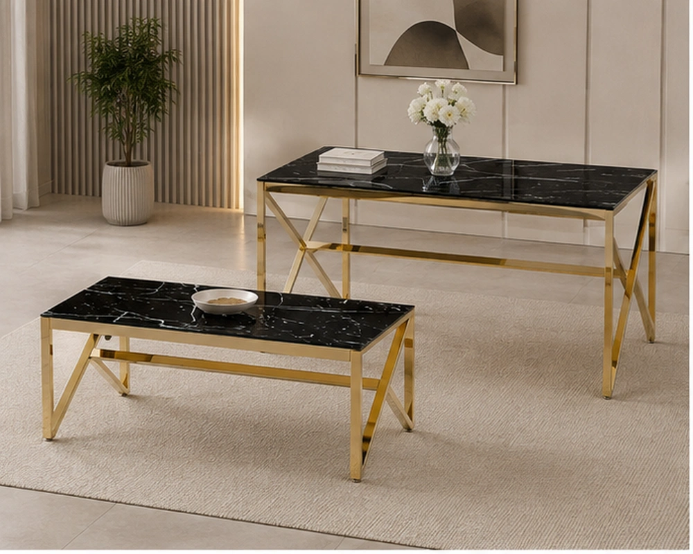 Ensemble Table Console et Table Basse Noir Marbre Design Moderne - Ensemble de Tables Noir Effet Marbre avec Pieds Dorés Croisés