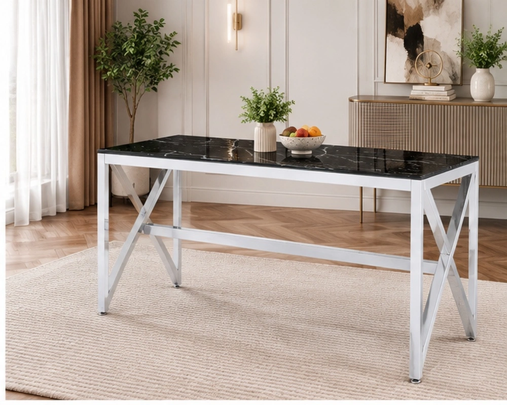 Table de Salle à Manger Noire Marbre avec Structure Blanche Moderne - Table à Manger Noire Effet Marbre avec Pieds Croisés Blancs