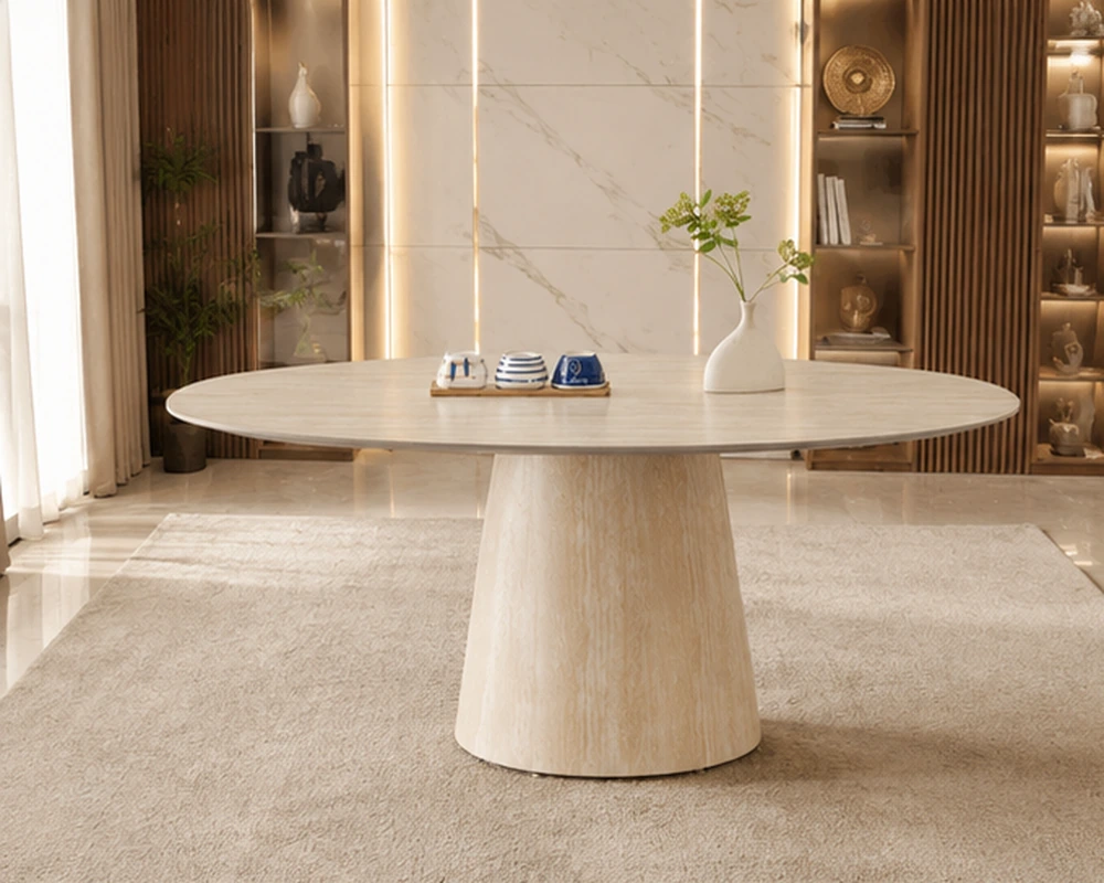 Table à Manger Ovale Moderne en Effet Pierre Crème – Design Contemporain