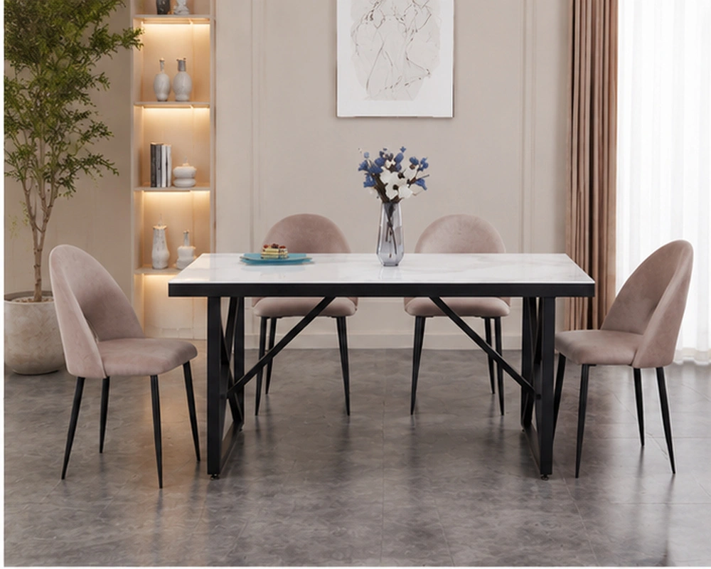 Table à Manger Moderne Blanche avec 4 6 Chaises Rembourrées - Ensemble Table à Manger Blanche Effet Marbre avec Chaises Roses – Image 3