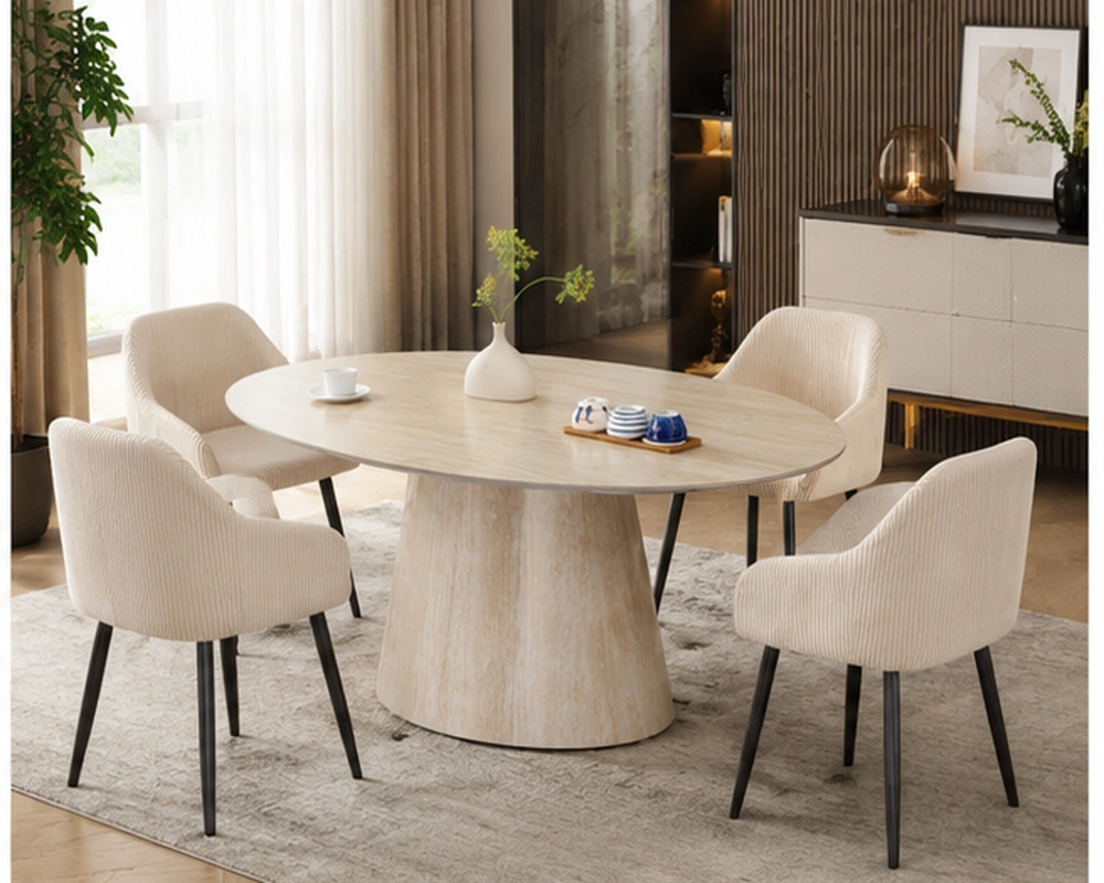 Table à Manger Ovale avec 3 , 4 Chaises – Effet Pierre Crème - Design Moderne