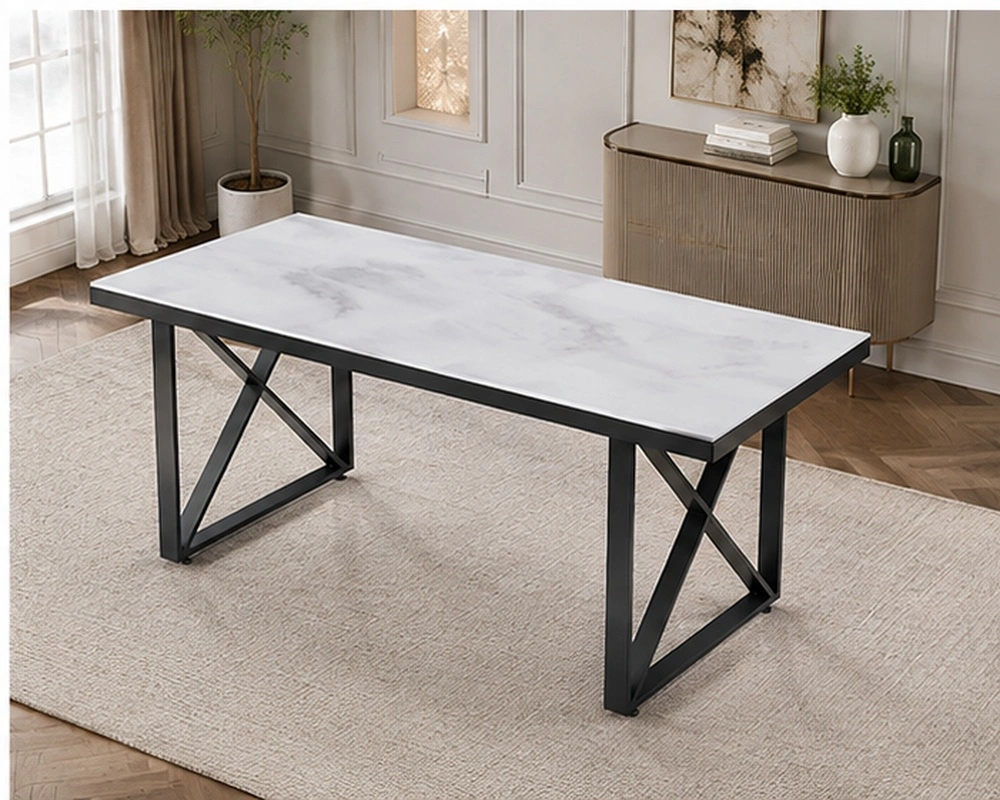 Table de Salle à Manger Blanche et Noire Design Moderne - Table à Manger Blanche Effet Marbre avec Pieds Noirs