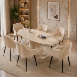 Ensemble Table à Manger Ovale avec 6 Chaises – Design Moderne Effet Pierre Crème - Ensemble Élégant et Contemporain