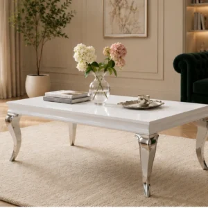 Table Basse Rectangulaire Effet Marbre - Table Basse Contemporaine avec Plateau Blanc