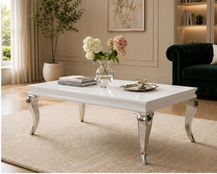 Table Basse Rectangulaire Effet Marbre - Table Basse Contemporaine avec Plateau Blanc