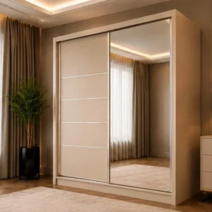 Armoire de Rangement avec Miroir Intégré - Armoire avec Miroir et Espace de Rangement - Armoire Beige - Armoire 160x200cm - Armoire Coulissante Élégante pour Chambre