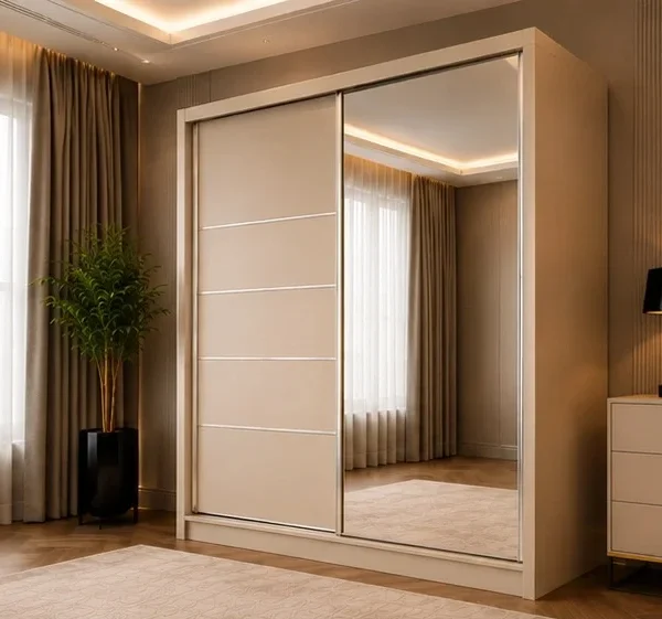 Armoire de Rangement avec Miroir Intégré - Armoire avec Miroir et Espace de Rangement - Armoire Beige - Armoire 160x200cm - Armoire Coulissante Élégante pour Chambre