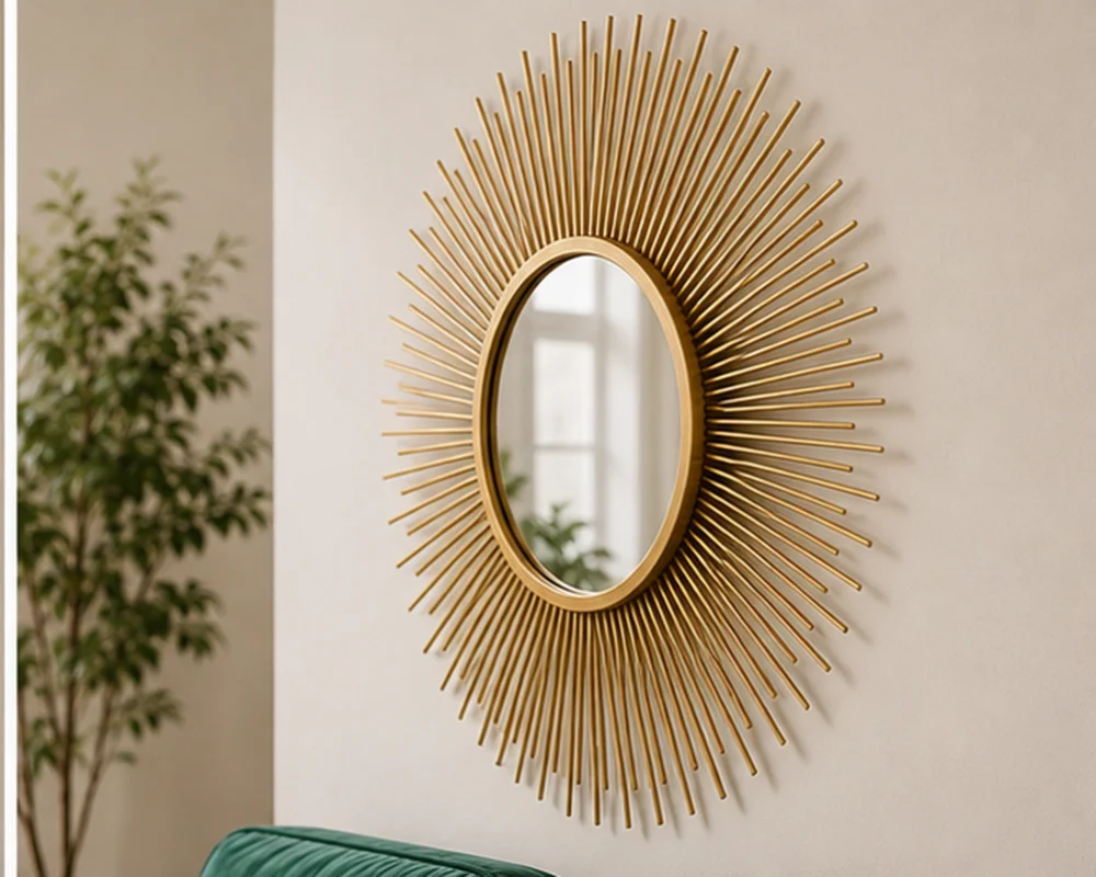 Miroir mural rond avec cadre effet soleil doré.