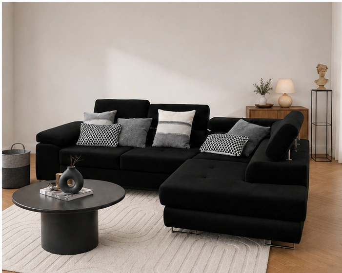 Canapé d'angle convertible noir – Canapé-lit moderne en forme de L avec design ajustable